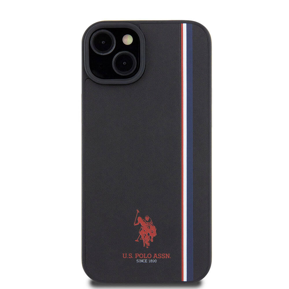 Apple iPhone 15 Plus Kılıf U.S. Polo Assn. Orjinal Lisanslı Üç Renk Şerit Tasarımlı Baskı Logolu Kapak Siyah