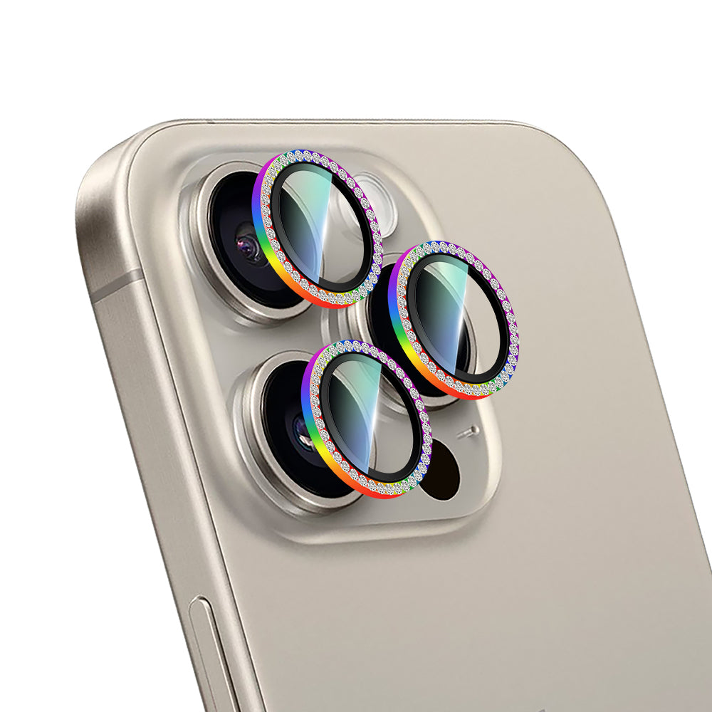 Apple iPhone 15 Pro CaseWorld Alloy Sparkling Diamond Serisi Taşlı Lens Koruyucu Colorful