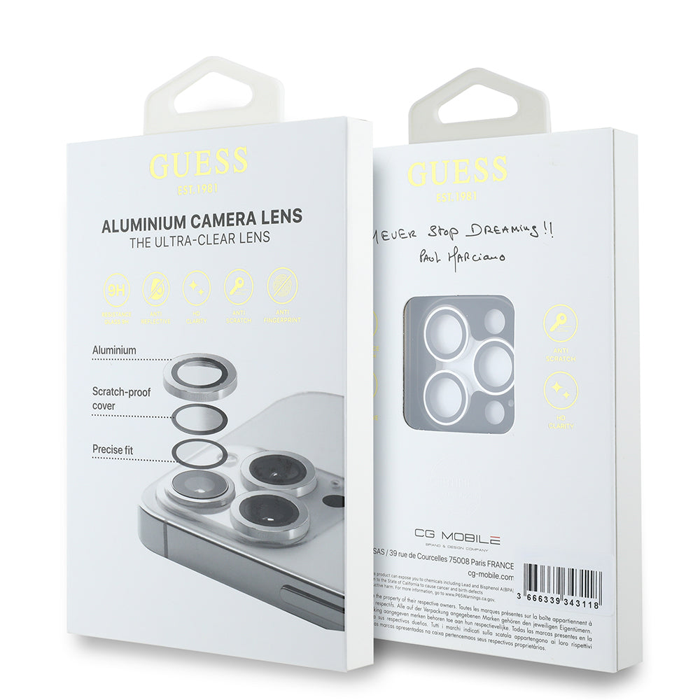 Apple iPhone 15 Pro Guess Orjinal Lisanslı Metal Kamera Lens Koruyucu Gümüş