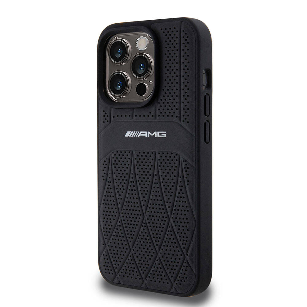 Apple iPhone 15 Pro Kılıf AMG Orjinal Lisanslı M-safe Şarj Özellikli Delikli Deri Kıvrımlı Çizgili Kapak Siyah