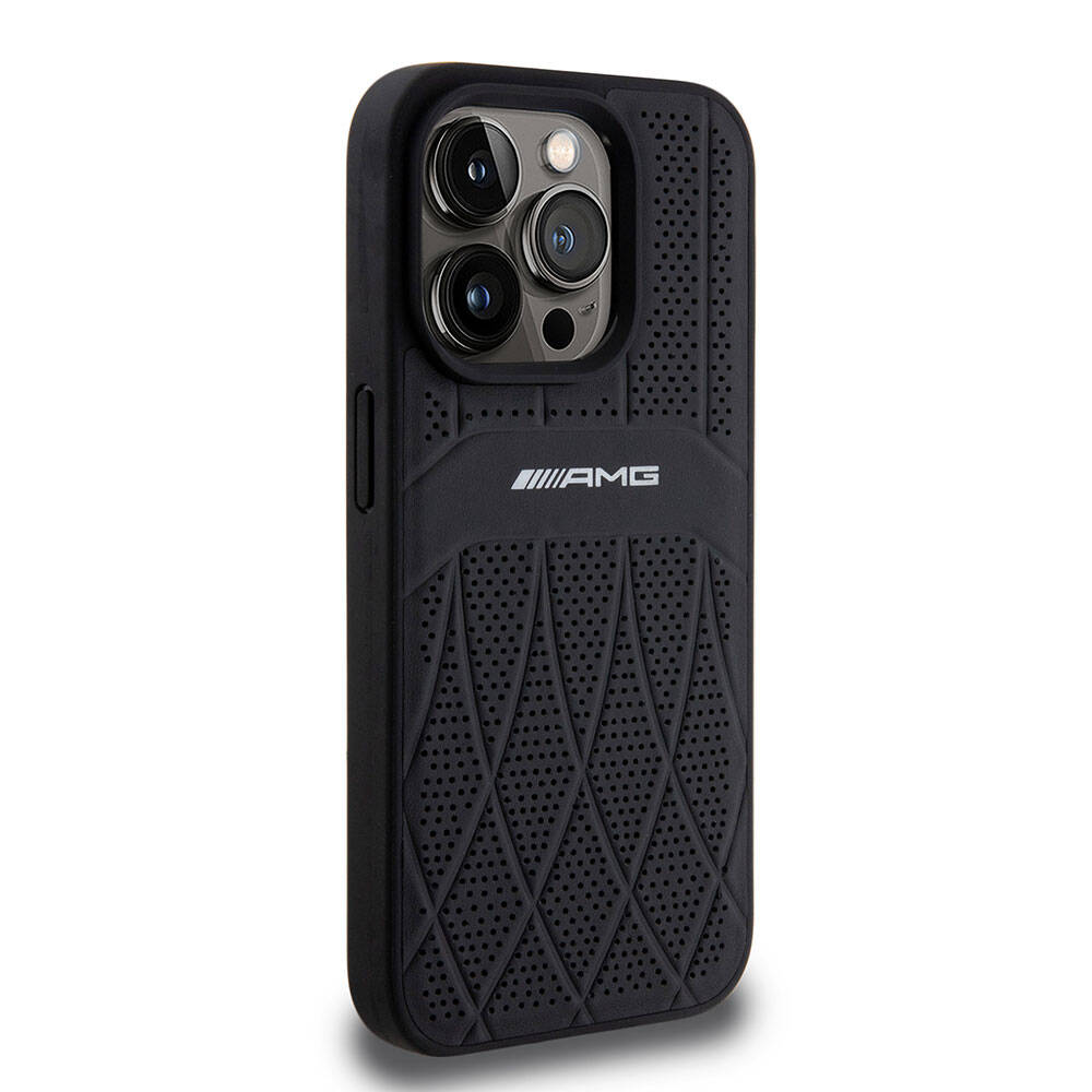 Apple iPhone 15 Pro Kılıf AMG Orjinal Lisanslı M-safe Şarj Özellikli Delikli Deri Kıvrımlı Çizgili Kapak Siyah