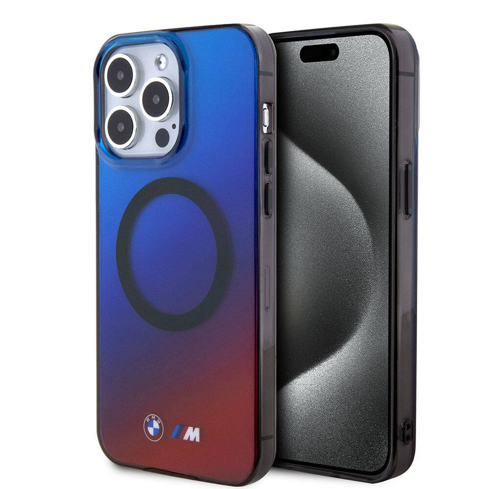 Apple iPhone 15 Pro Kılıf BMW M-safe Şarj Özellikli Transparan Renk Geçişli Dizayn Orjinal Lisanslı Kapak Mavi-Kırmızı