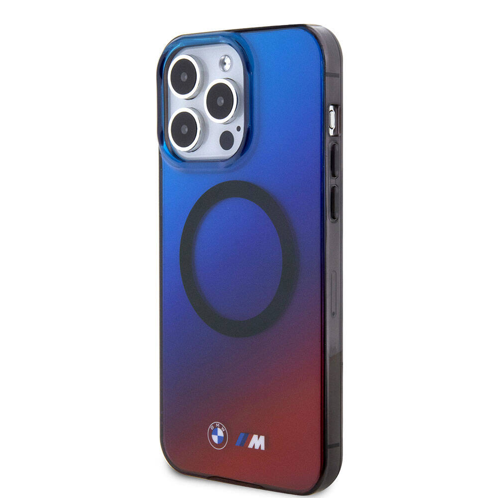 Apple iPhone 15 Pro Kılıf BMW M-safe Şarj Özellikli Transparan Renk Geçişli Dizayn Orjinal Lisanslı Kapak Mavi-Kırmızı