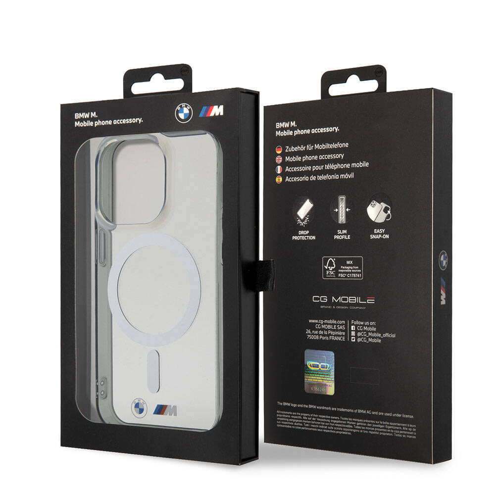 Apple iPhone 15 Pro Kılıf BMW M-safe Şarj Özellikli Transparan Silver Ring Orjinal Lisanslı Kapak Renksiz