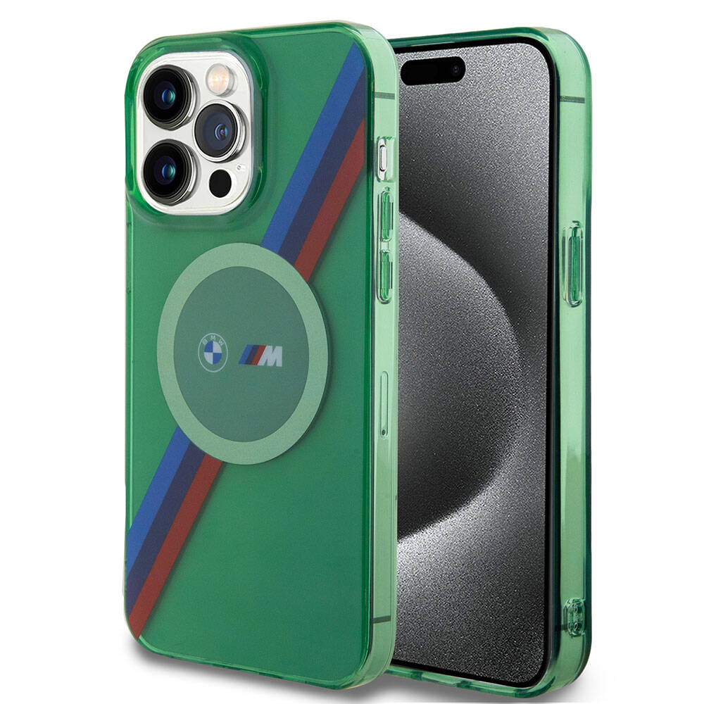 Apple iPhone 15 Pro Kılıf BMW M-safe Şarj Özellikli Transparan Tricolor Stripes Orjinal Lisanslı Kapak Yeşil