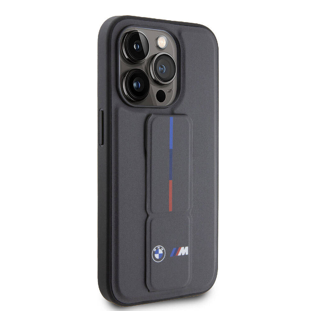 Apple iPhone 15 Pro Kılıf BMW Orjinal Lisanslı M Şerit ve Logolu Standlı Kapak Siyah
