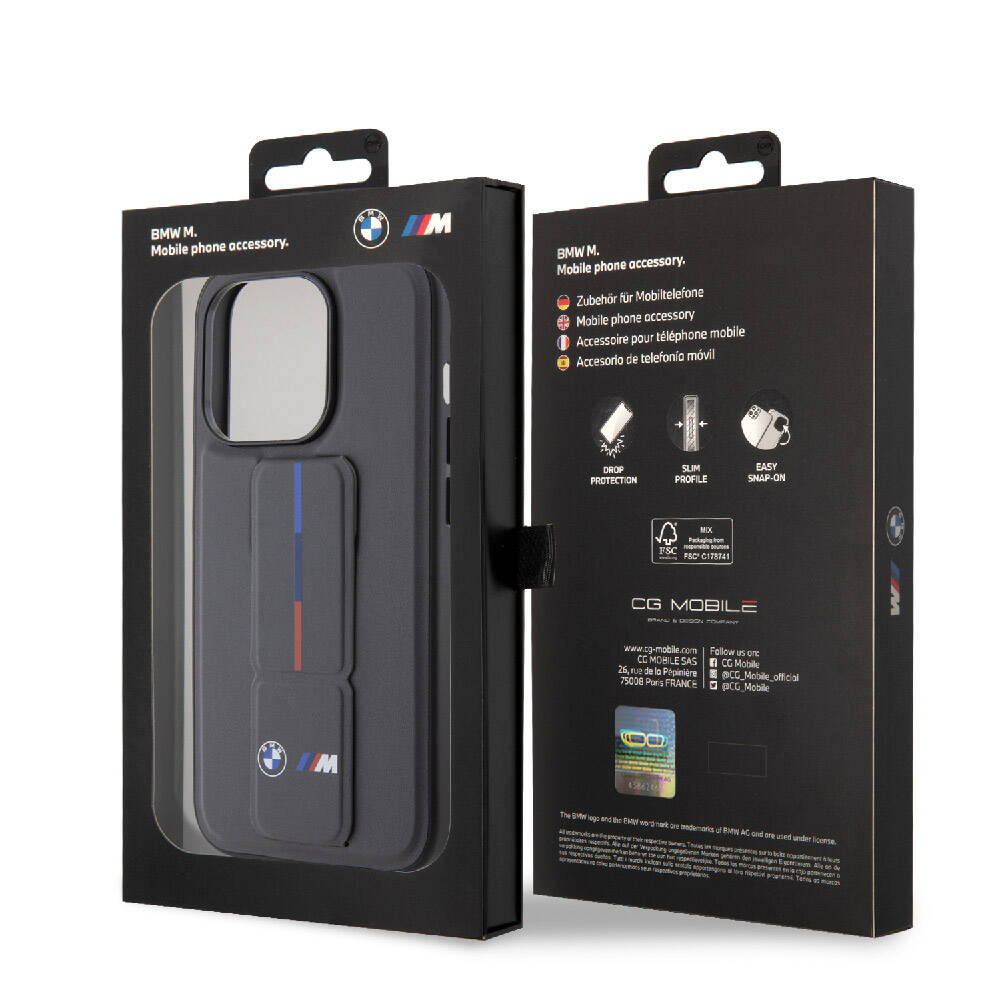 Apple iPhone 15 Pro Kılıf BMW Orjinal Lisanslı M Şerit ve Logolu Standlı Kapak Siyah