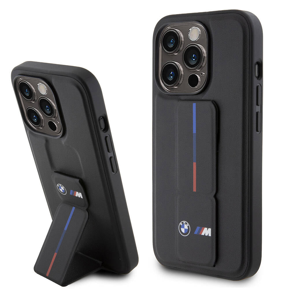 Apple iPhone 15 Pro Kılıf BMW Orjinal Lisanslı M Şerit ve Logolu Standlı Kapak Siyah