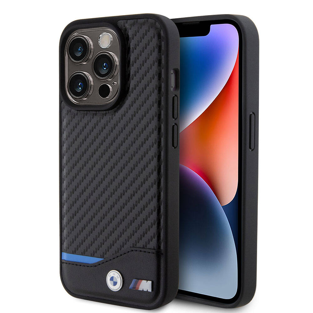 Apple iPhone 15 Pro Kılıf BMW Orjinal Lisanslı M-safe Şarj Özellikli M Logolu PU Karbon Kapak Siyah