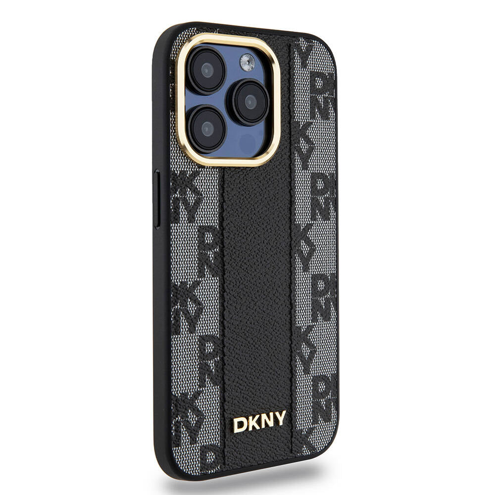 Apple iPhone 15 Pro Kılıf DKNY Orjinal Lisanslı M-safe Şarj Özellikli 3D Yazılı Checkered Pattern Kapak Krem