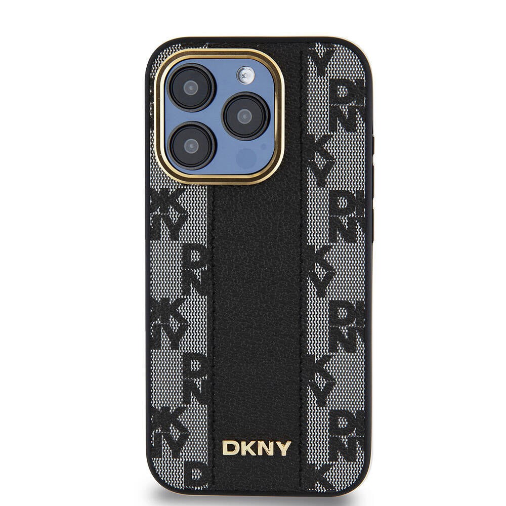 Apple iPhone 15 Pro Kılıf DKNY Orjinal Lisanslı M-safe Şarj Özellikli 3D Yazılı Checkered Pattern Kapak Krem