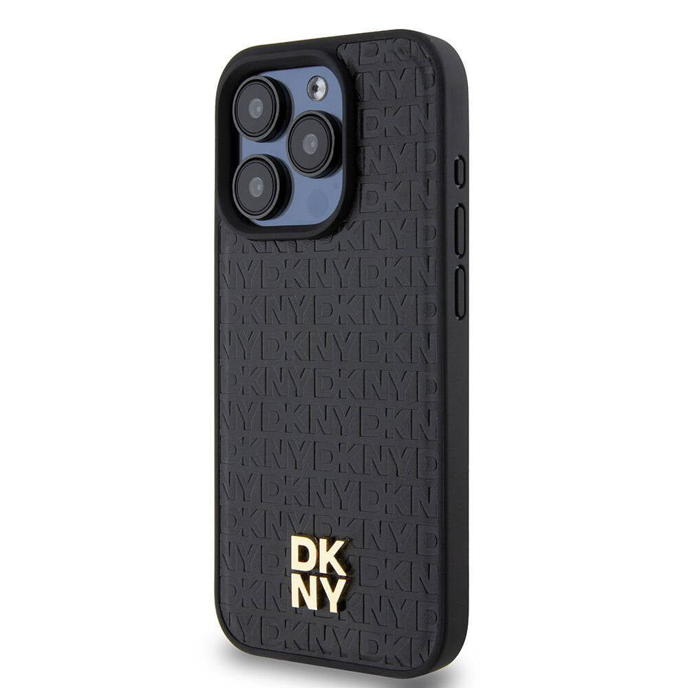 Apple iPhone 15 Pro Kılıf DKNY Orjinal Lisanslı M-safe Şarj Özellikli 3D Yazılı Repeat Pattern Kapak Siyah