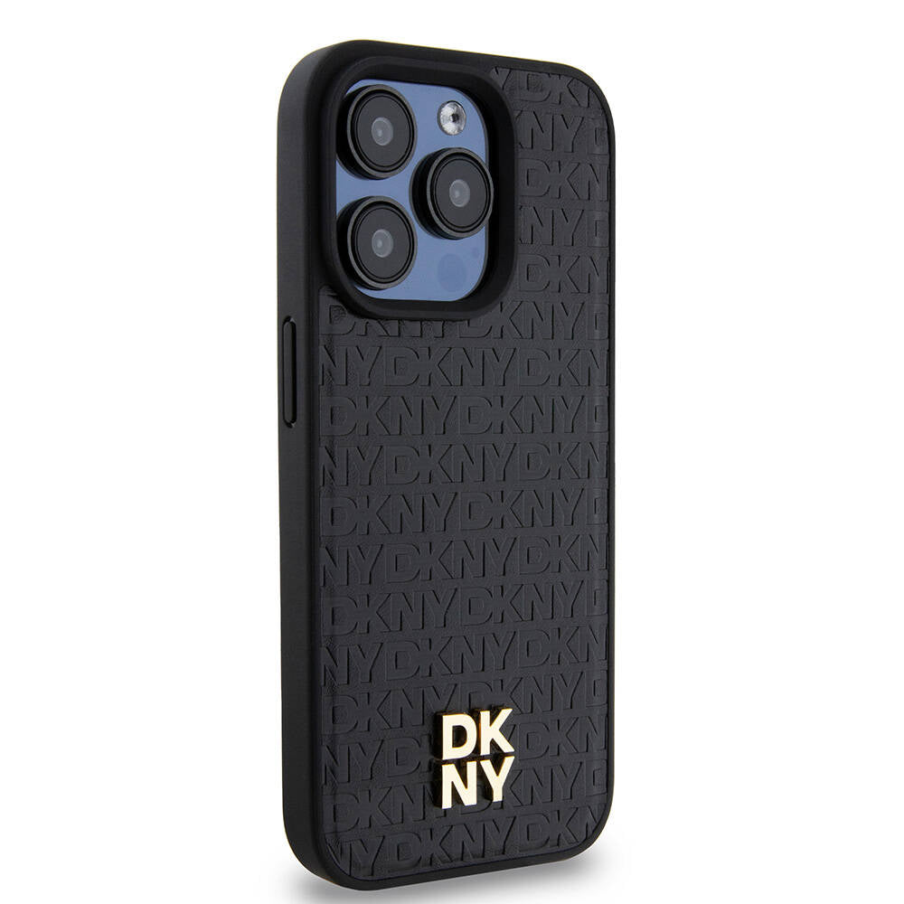 Apple iPhone 15 Pro Kılıf DKNY Orjinal Lisanslı M-safe Şarj Özellikli 3D Yazılı Repeat Pattern Kapak Siyah