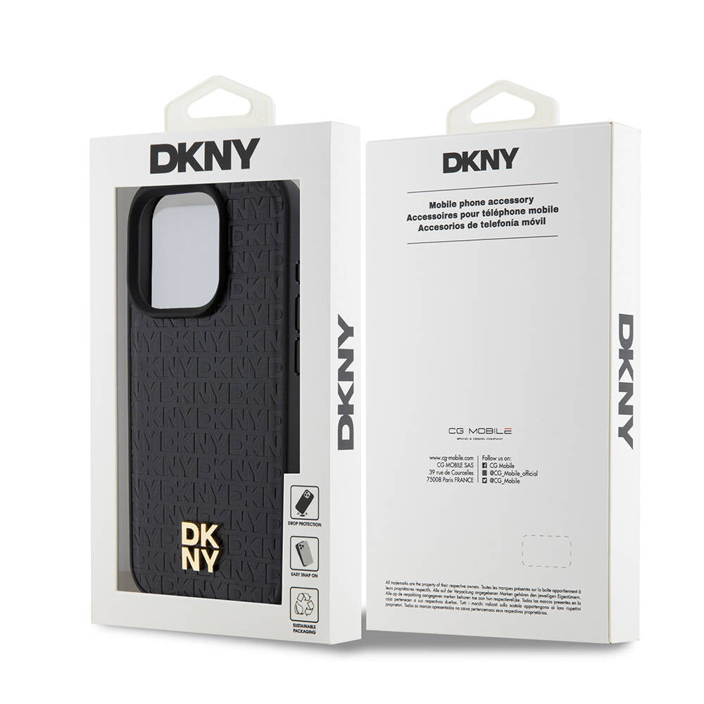 Apple iPhone 15 Pro Kılıf DKNY Orjinal Lisanslı M-safe Şarj Özellikli 3D Yazılı Repeat Pattern Kapak Siyah