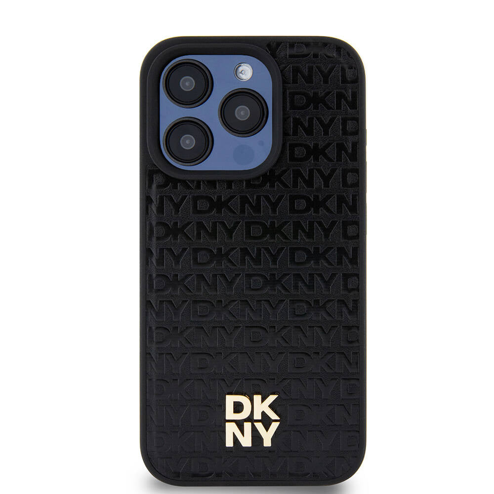 Apple iPhone 15 Pro Kılıf DKNY Orjinal Lisanslı M-safe Şarj Özellikli 3D Yazılı Repeat Pattern Kapak Siyah