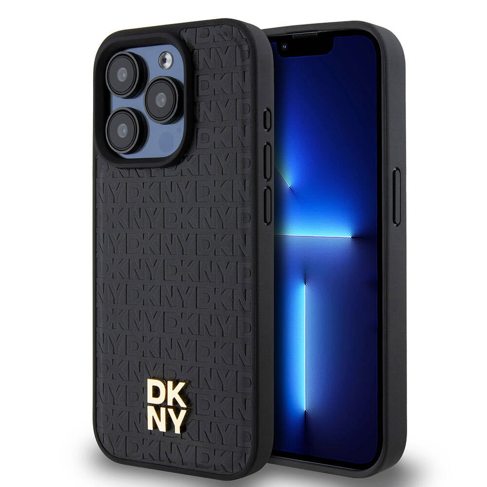 Apple iPhone 15 Pro Kılıf DKNY Orjinal Lisanslı M-safe Şarj Özellikli 3D Yazılı Repeat Pattern Kapak Siyah