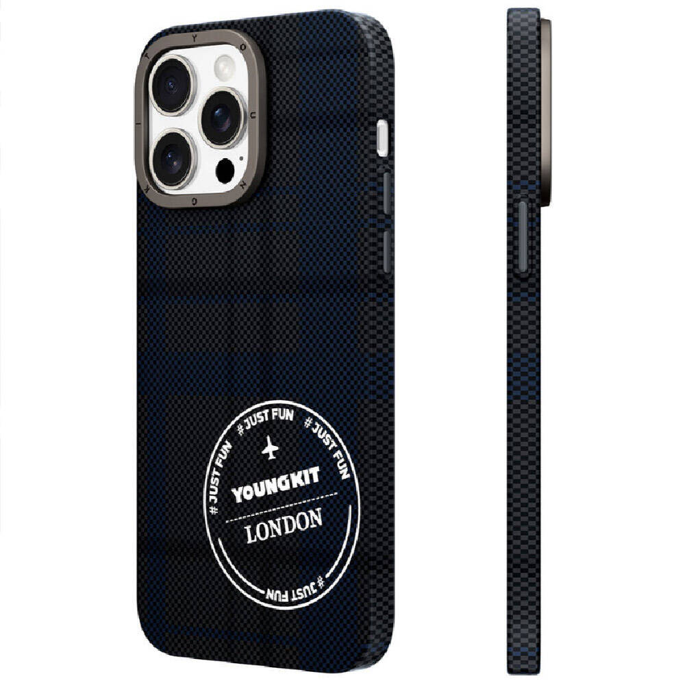 Apple iPhone 15 Pro Kılıf Ekose Desenli Youngkit Gezhi Serisi Kapak Mavi