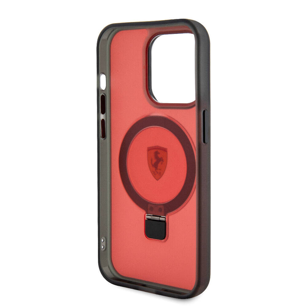Apple iPhone 15 Pro Kılıf Ferrari M-safe Şarj Özellikli Standlı Buzlu Yüzey Dizayn Kapak Kırmızı