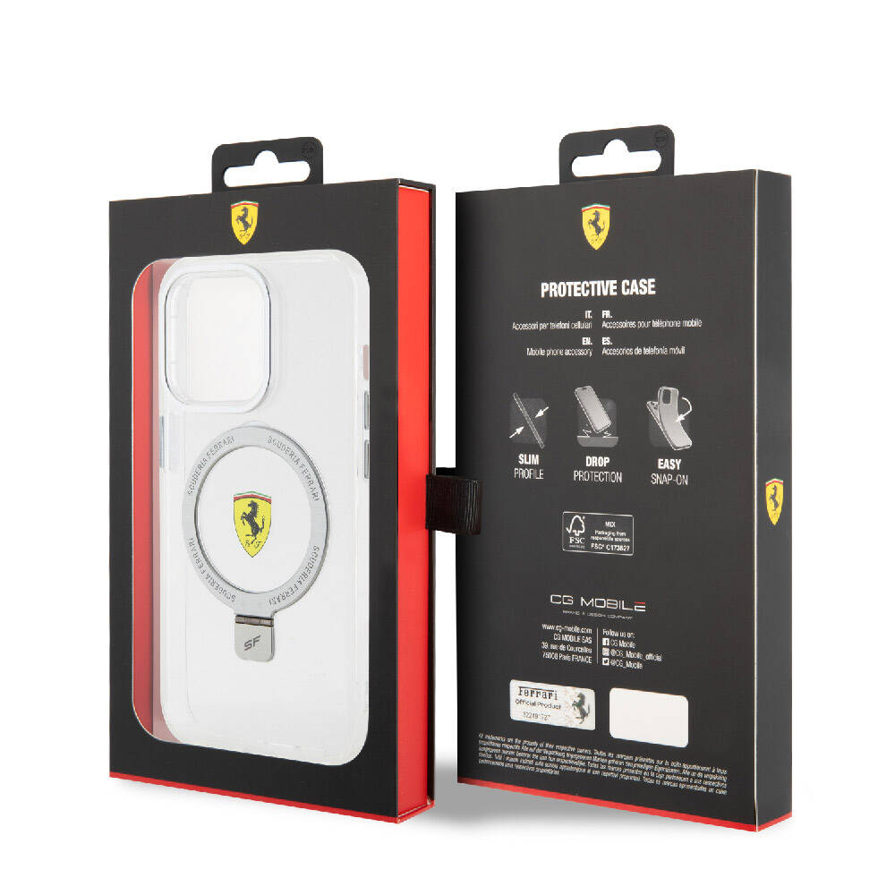 Apple iPhone 15 Pro Kılıf Ferrari M-safe Şarj Özellikli Standlı Buzlu Yüzey Dizayn Kapak Kırmızı