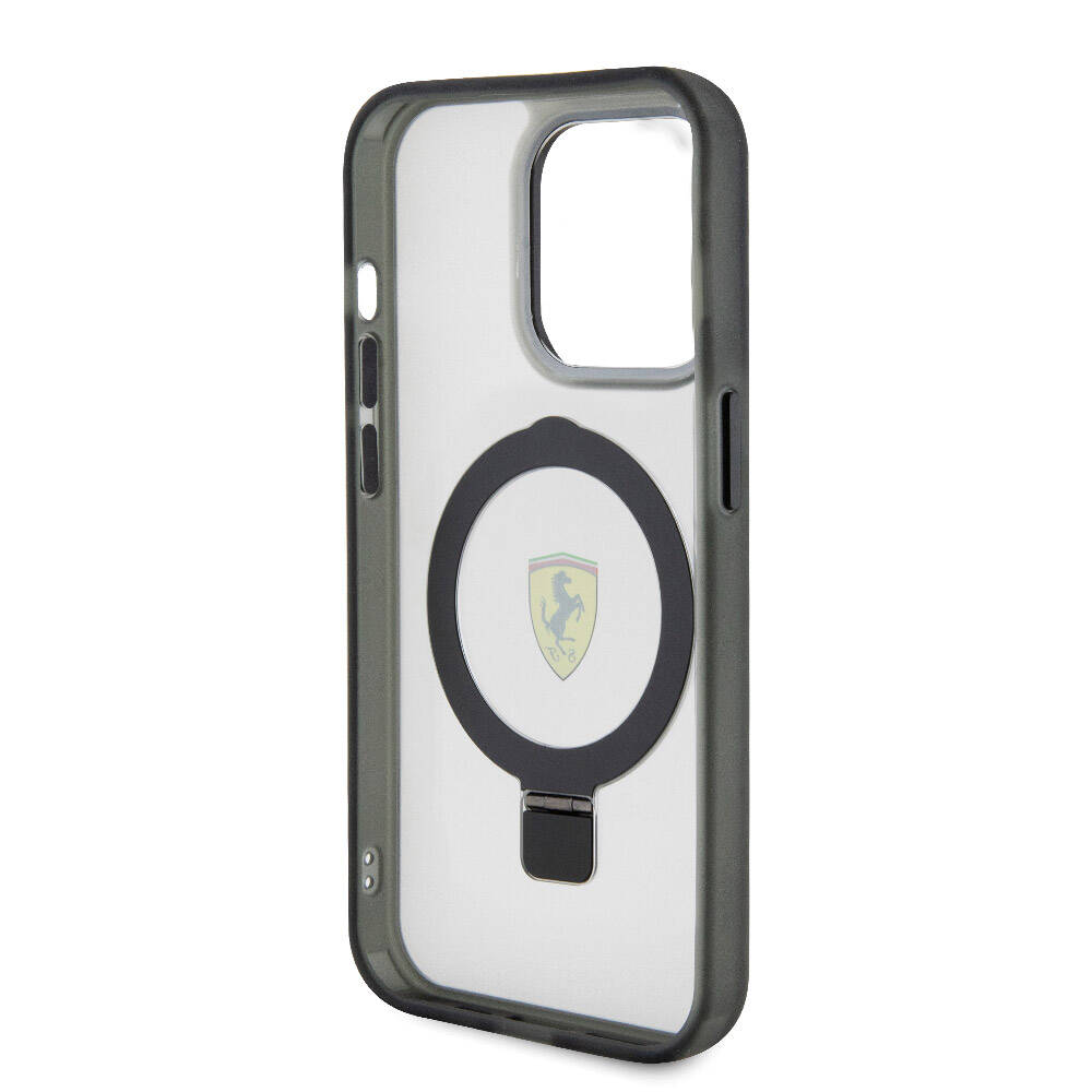 Apple iPhone 15 Pro Kılıf Ferrari M-safe Şarj Özellikli Standlı Buzlu Yüzey Dizayn Kapak Transparan Siyah