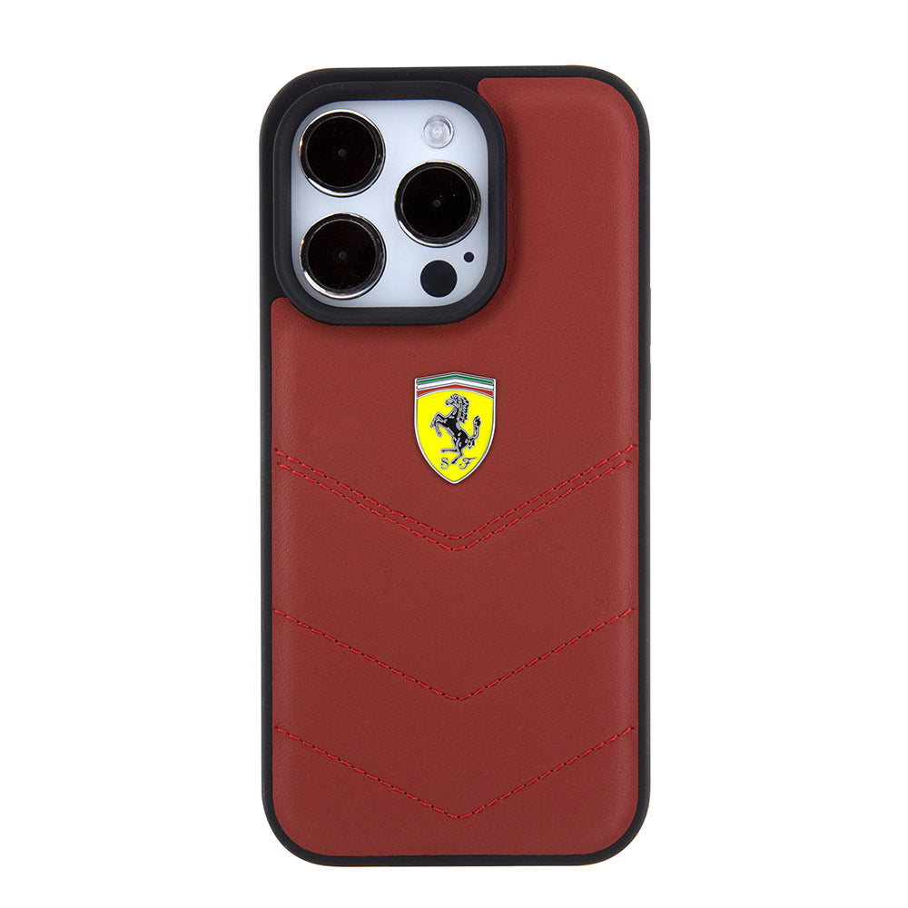 Apple iPhone 15 Pro Kılıf Ferrari Orjinal Lisanslı Deri Dikişli Arka Yüzey Metal Logo Tasarımlı Kapak Kırmızı