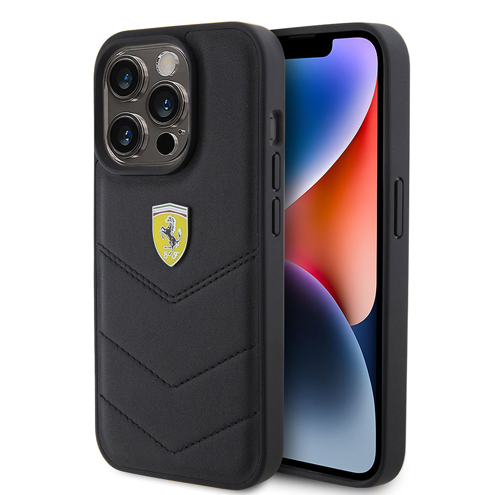 Apple iPhone 15 Pro Kılıf Ferrari Orjinal Lisanslı Deri Dikişli Arka Yüzey Metal Logo Tasarımlı Kapak Kırmızı