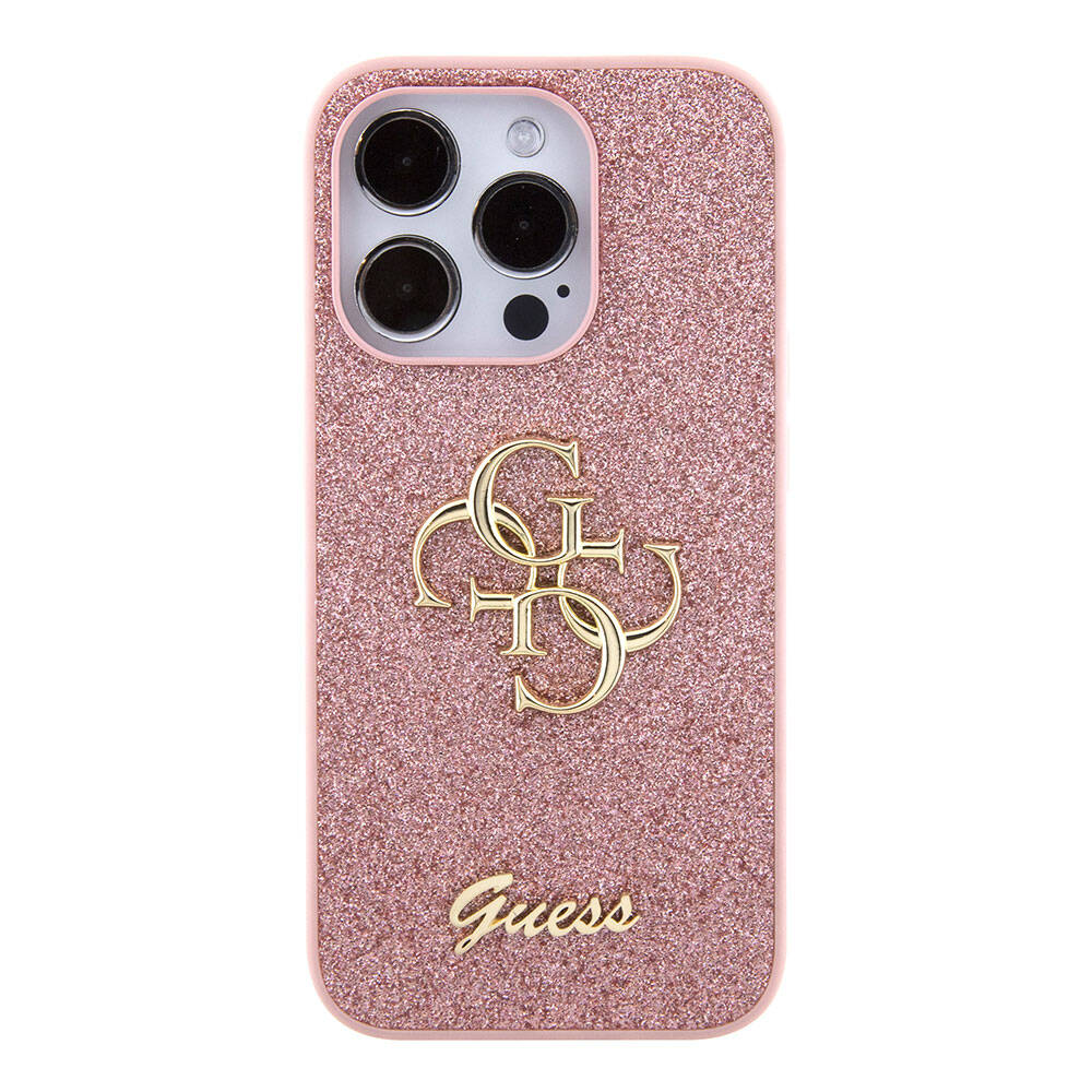 Apple iPhone 15 Pro Kılıf Guess Orjinal Lisanslı 4G Büyük Metal Logolu Glitter Kapak Pembe
