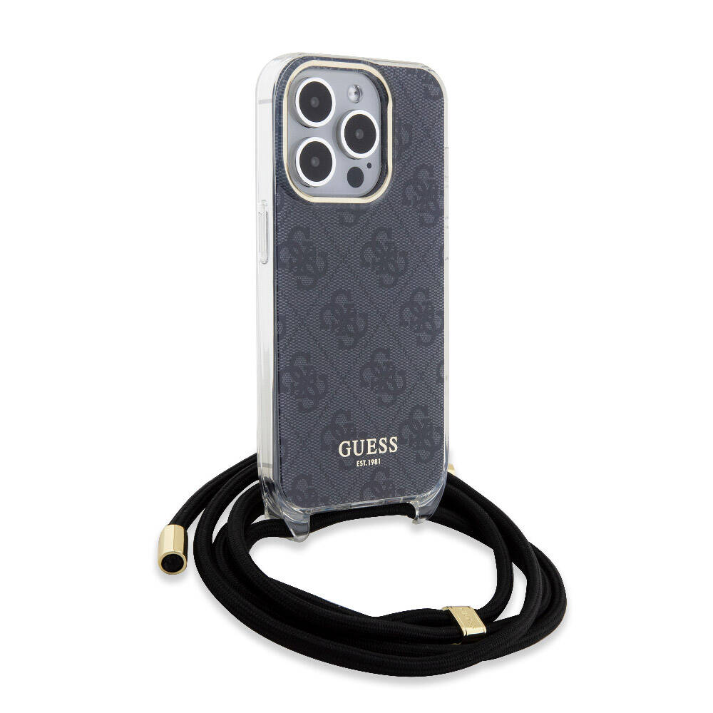 Apple iPhone 15 Pro Kılıf Guess Orjinal Lisanslı Çapraz Kordon 4G Desenli Kapak Siyah