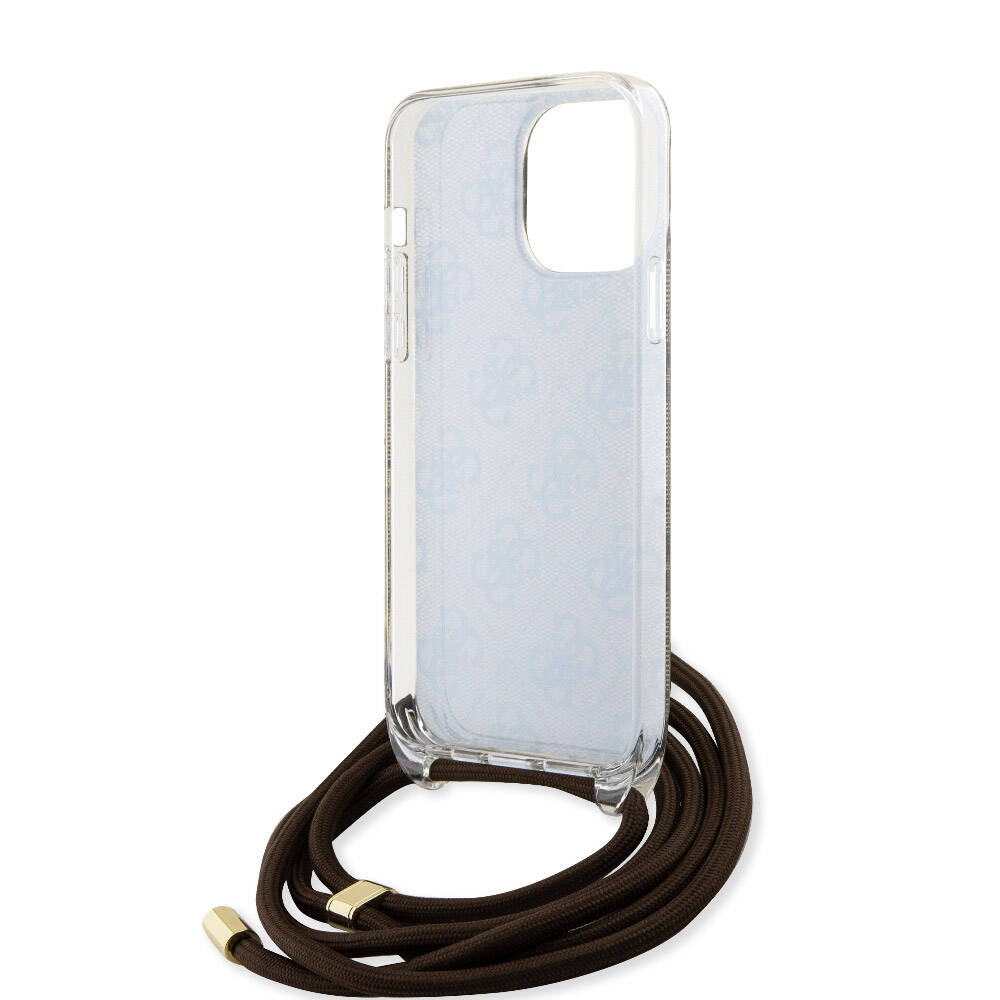 Apple iPhone 15 Pro Kılıf Guess Orjinal Lisanslı Çapraz Kordon 4G Desenli Kapak Kahverengi