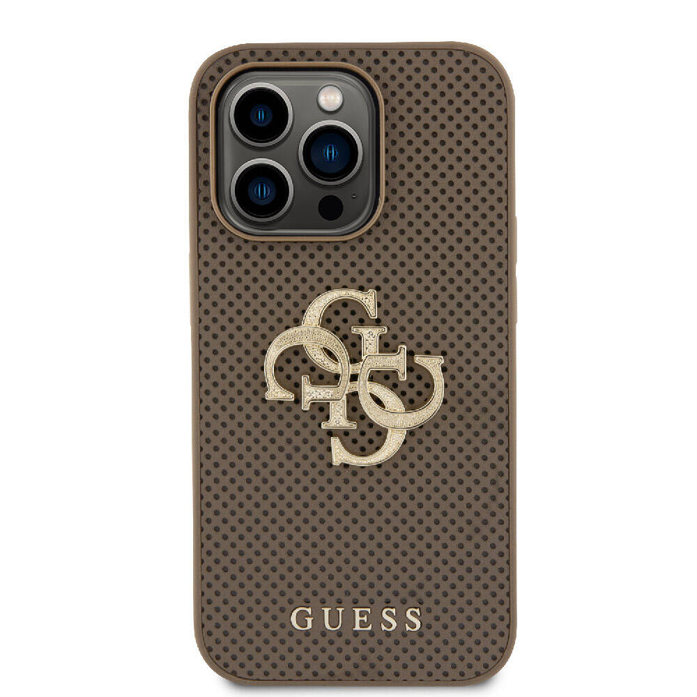 Apple iPhone 15 Pro Kılıf Guess Orjinal Lisanslı Delikli Yazı ve 4G Glitter Büyük Metal Logolu Kapak Gold