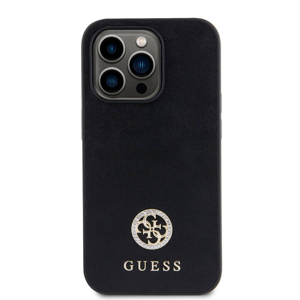 Apple iPhone 15 Pro Kılıf Guess Orjinal Lisanslı Deri 4G Metal Logo Strass Kapak Gold
