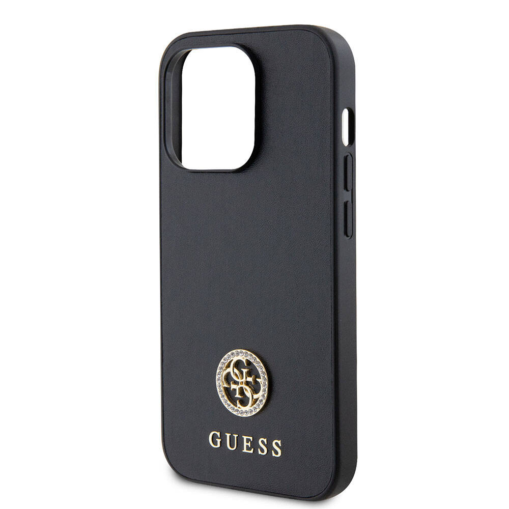Apple iPhone 15 Pro Kılıf Guess Orjinal Lisanslı Deri 4G Metal Logo Strass Kapak Siyah