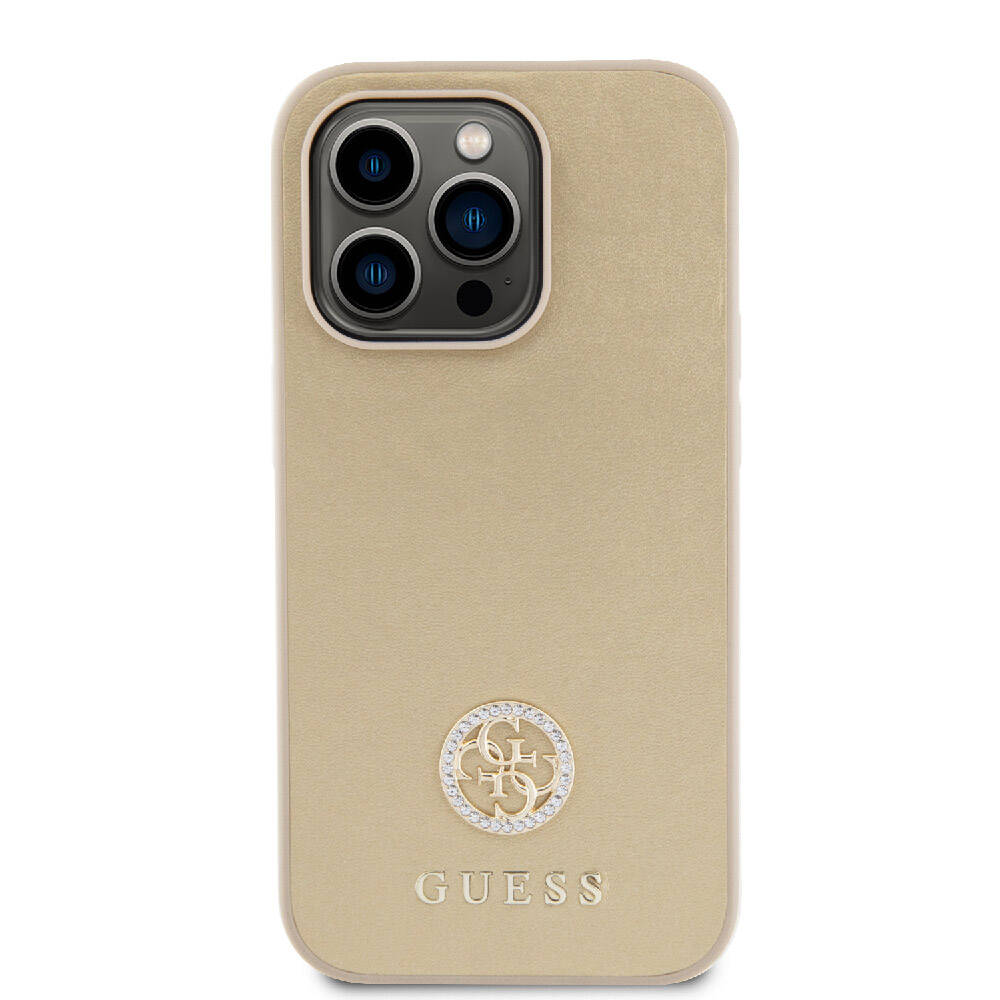 Apple iPhone 15 Pro Kılıf Guess Orjinal Lisanslı Deri 4G Metal Logo Strass Kapak Gold