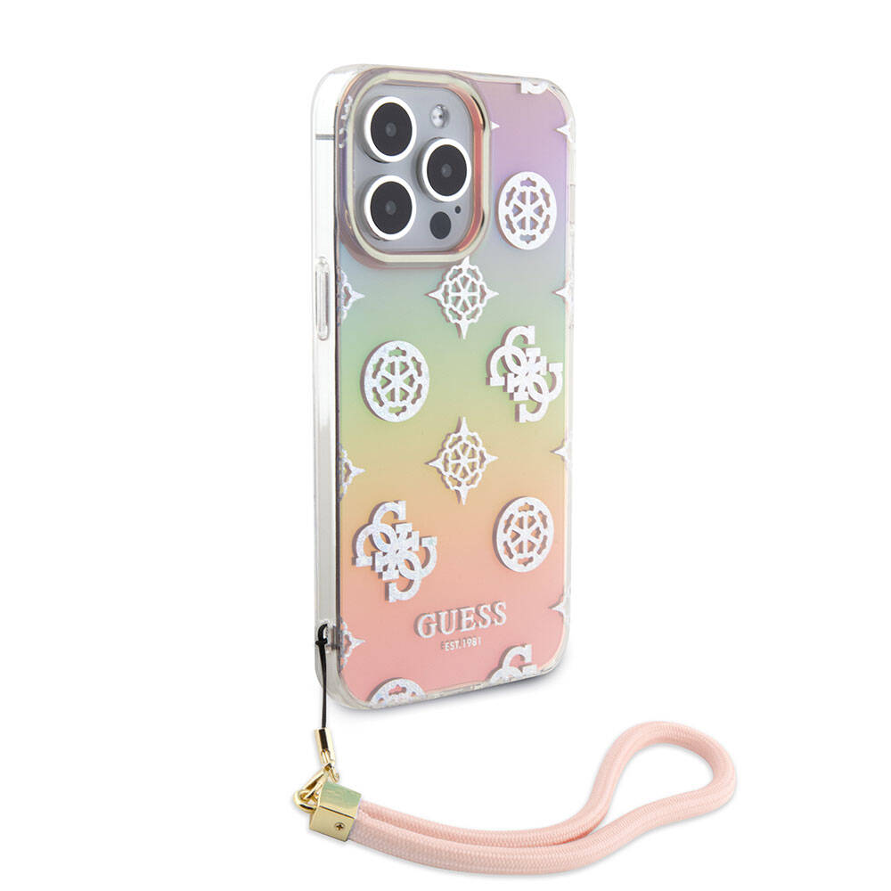 Apple iPhone 15 Pro Kılıf Guess Orjinal Lisanslı Desenli Yazı Logolu Askı İpli Holografik Glitter Peony Kapak Siyah