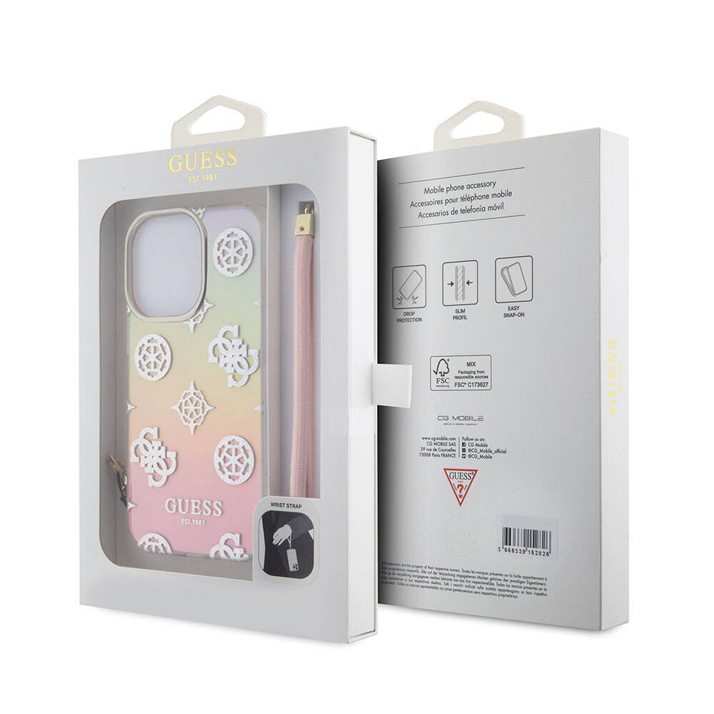 Apple iPhone 15 Pro Kılıf Guess Orjinal Lisanslı Desenli Yazı Logolu Askı İpli Holografik Glitter Peony Kapak Turkuaz