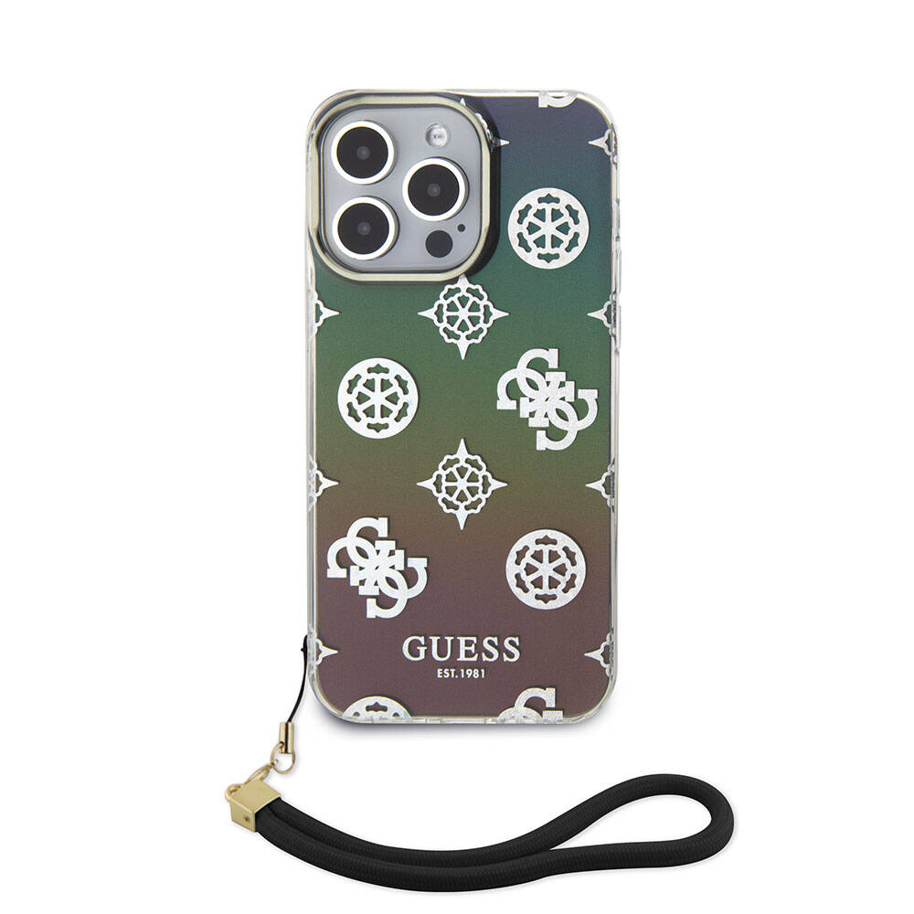 Apple iPhone 15 Pro Kılıf Guess Orjinal Lisanslı Desenli Yazı Logolu Askı İpli Holografik Glitter Peony Kapak Turkuaz