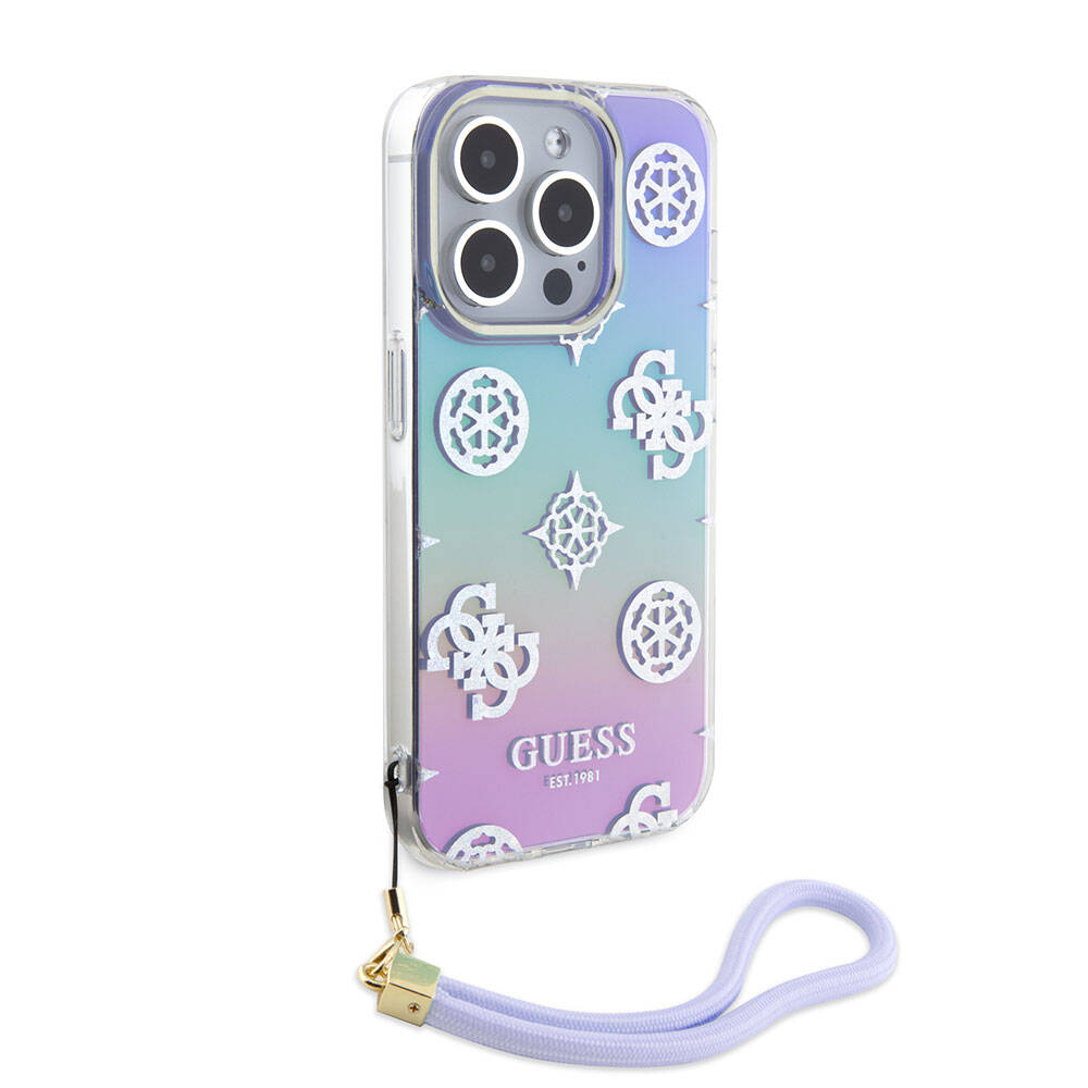 Apple iPhone 15 Pro Kılıf Guess Orjinal Lisanslı Desenli Yazı Logolu Askı İpli Holografik Glitter Peony Kapak Mor