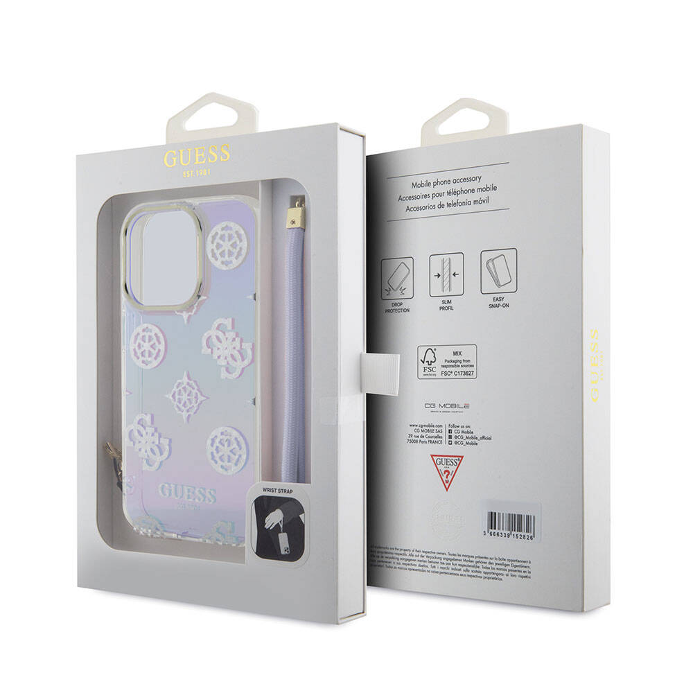 Apple iPhone 15 Pro Kılıf Guess Orjinal Lisanslı Desenli Yazı Logolu Askı İpli Holografik Glitter Peony Kapak Pembe