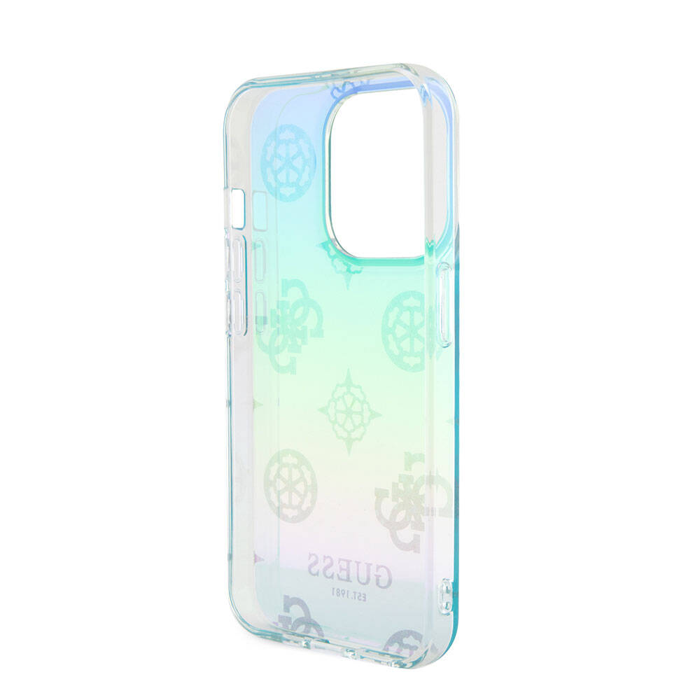 Apple iPhone 15 Pro Kılıf Guess Orjinal Lisanslı Desenli Yazı Logolu Askı İpli Holografik Glitter Peony Kapak Mor