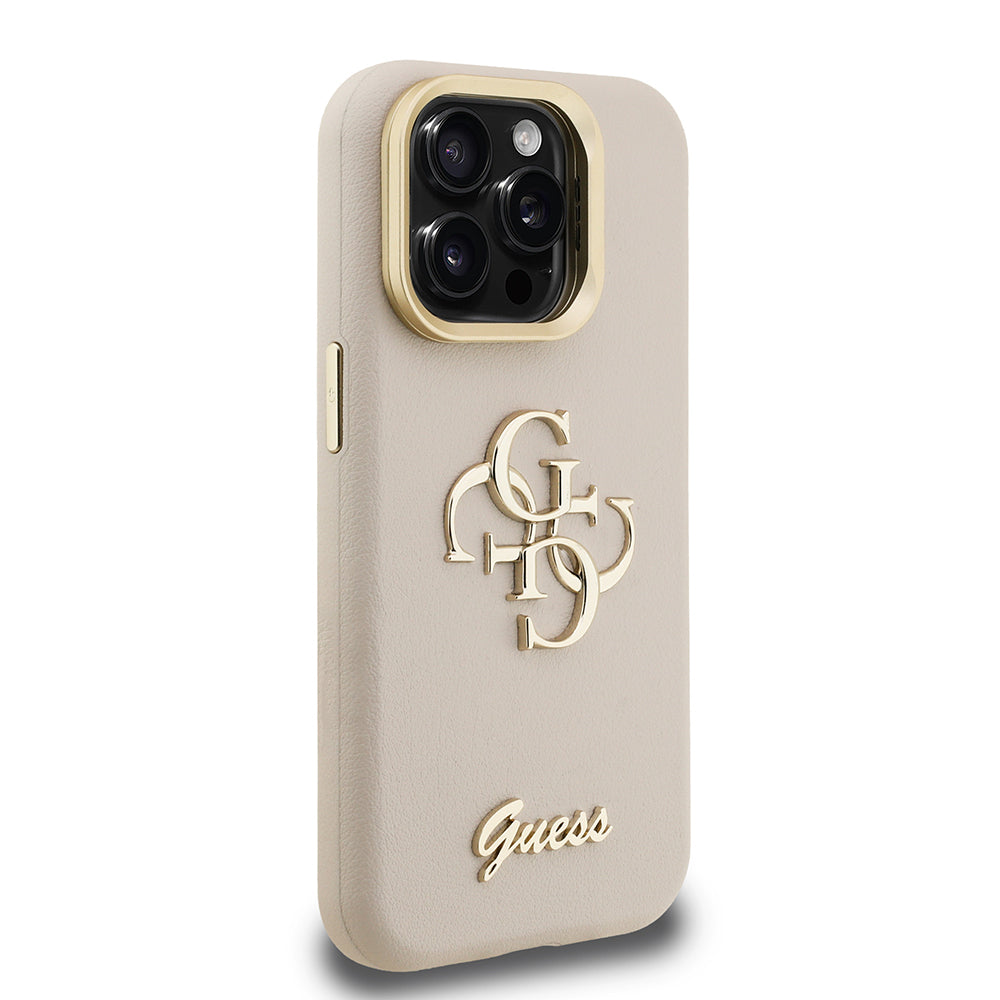 Apple iPhone 15 Pro Kılıf Guess Orjinal Lisanslı Grained Yazı Logolu Kamera Standlı Kapak Kahverengi