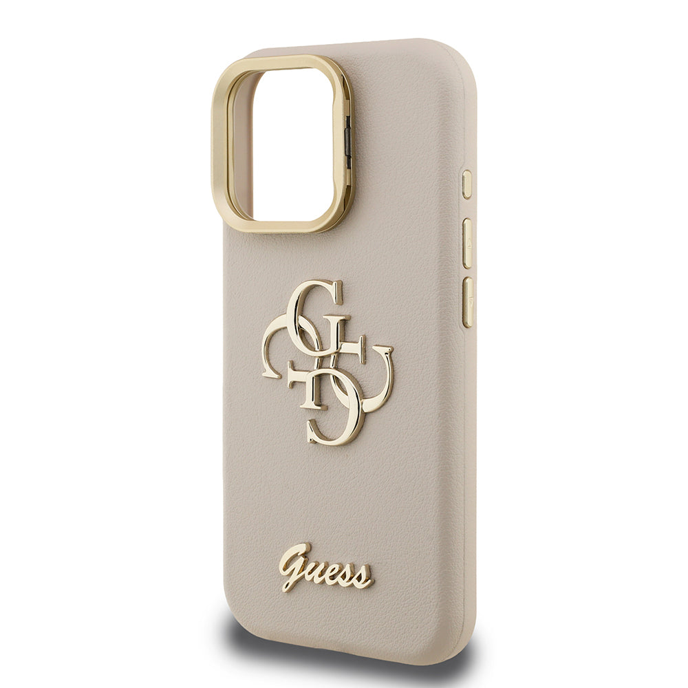 Apple iPhone 15 Pro Kılıf Guess Orjinal Lisanslı Grained Yazı Logolu Kamera Standlı Kapak Bej
