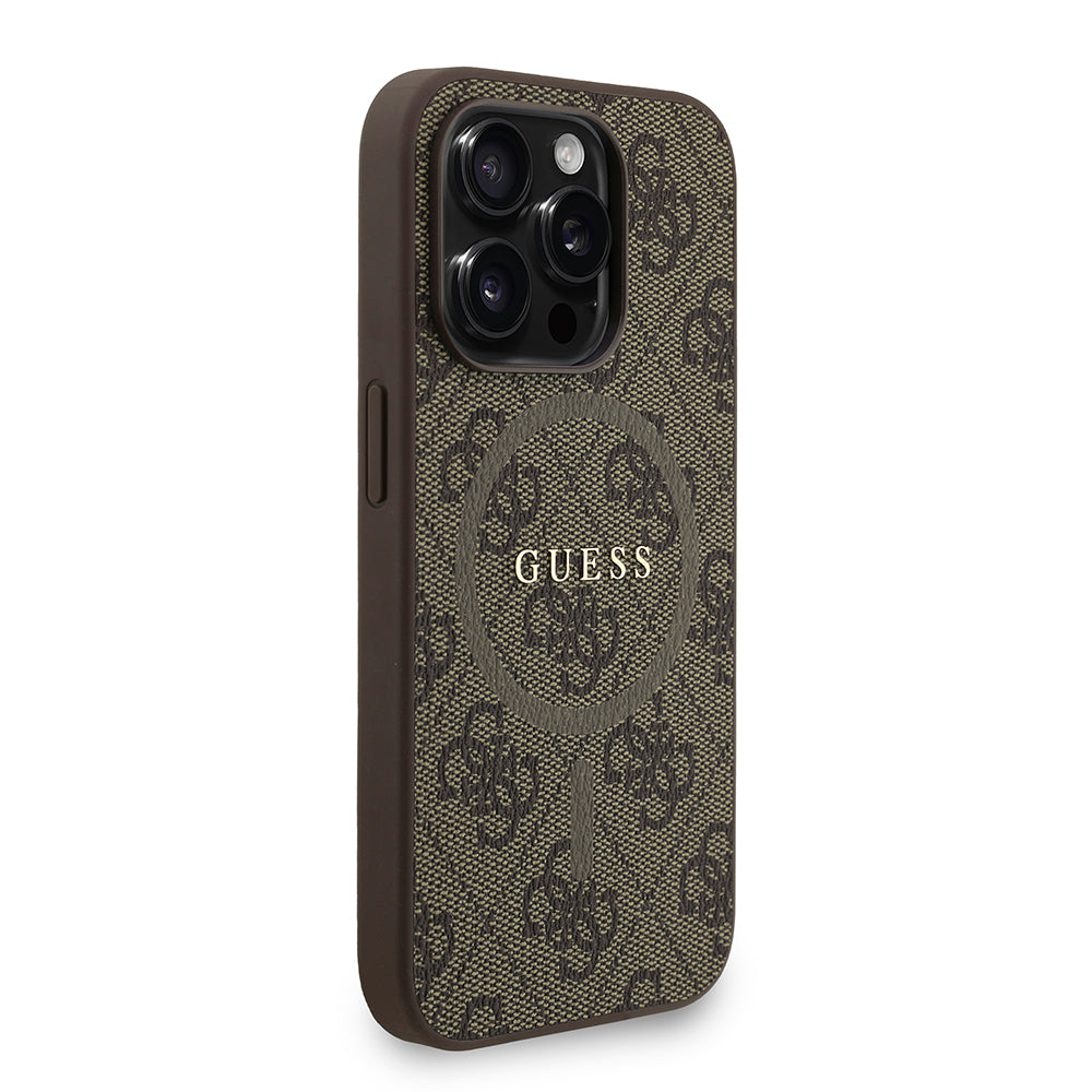 Apple iPhone 15 Pro Kılıf Guess Orjinal Lisanslı M-safe Şarj Özellikli PU Deri Bilek Askı İpli Yazı Logolu Kapak Pembe