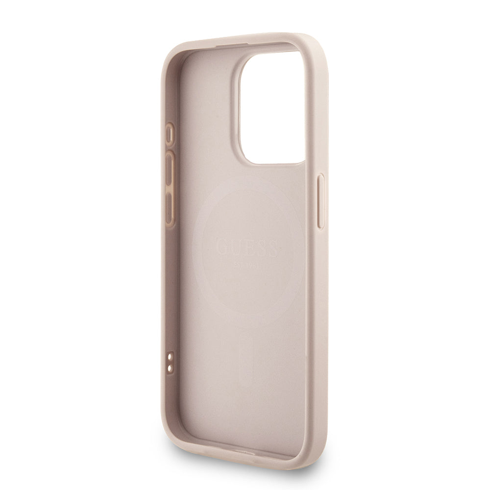 Apple iPhone 15 Pro Kılıf Guess Orjinal Lisanslı M-safe Şarj Özellikli PU Deri Bilek Askı İpli Yazı Logolu Kapak Pembe