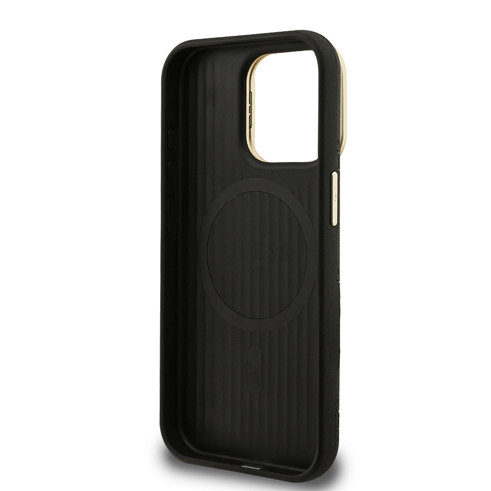 Apple iPhone 15 Pro Kılıf Guess Orjinal Lisanslı M-safe Şarj Özellikli Sıcak Baskılı Yazı Logolu Kamera Standlı PU Deri Peony Kapak Bej