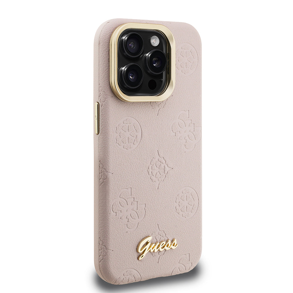 Apple iPhone 15 Pro Kılıf Guess Orjinal Lisanslı M-safe Şarj Özellikli Sıcak Baskılı Yazı Logolu Kamera Standlı PU Deri Peony Kapak Siyah