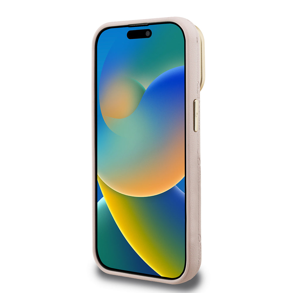 Apple iPhone 15 Pro Kılıf Guess Orjinal Lisanslı M-safe Şarj Özellikli Sıcak Baskılı Yazı Logolu Kamera Standlı PU Deri Peony Kapak Bej