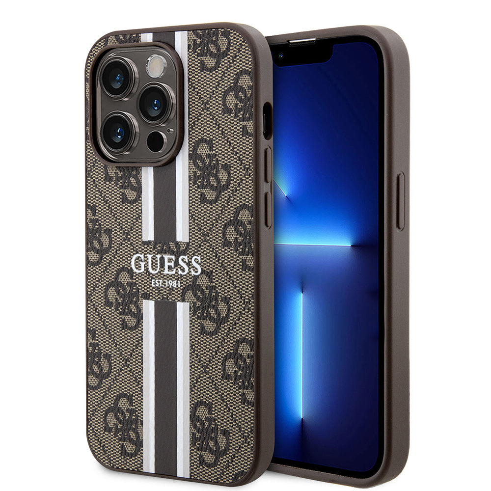 Apple iPhone 15 Pro Kılıf Guess Orjinal Lisanslı M-safe Şarj Özellikli 4G Şerit Tasarımlı Printed Kapak Pembe