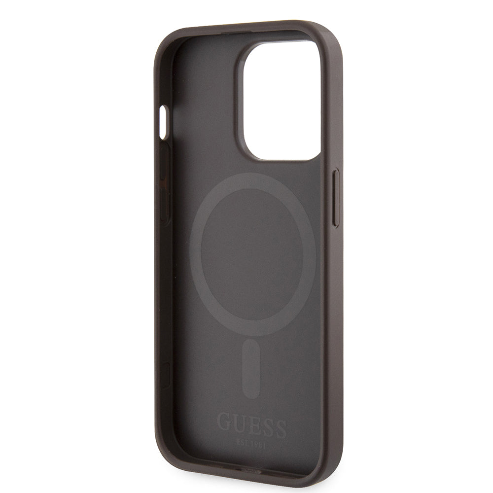 Apple iPhone 15 Pro Kılıf Guess Orjinal Lisanslı M-safe Şarj Özellikli 4G Şerit Tasarımlı Printed Kapak Kahverengi