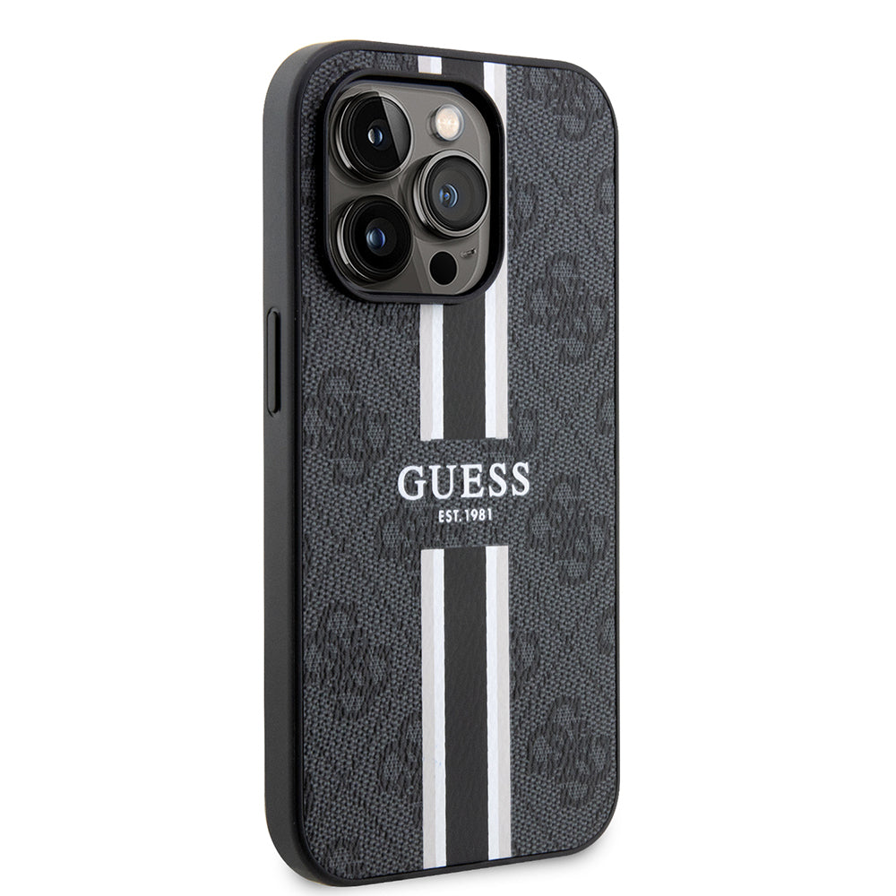 Apple iPhone 15 Pro Kılıf Guess Orjinal Lisanslı M-safe Şarj Özellikli 4G Şerit Tasarımlı Printed Kapak Kahverengi