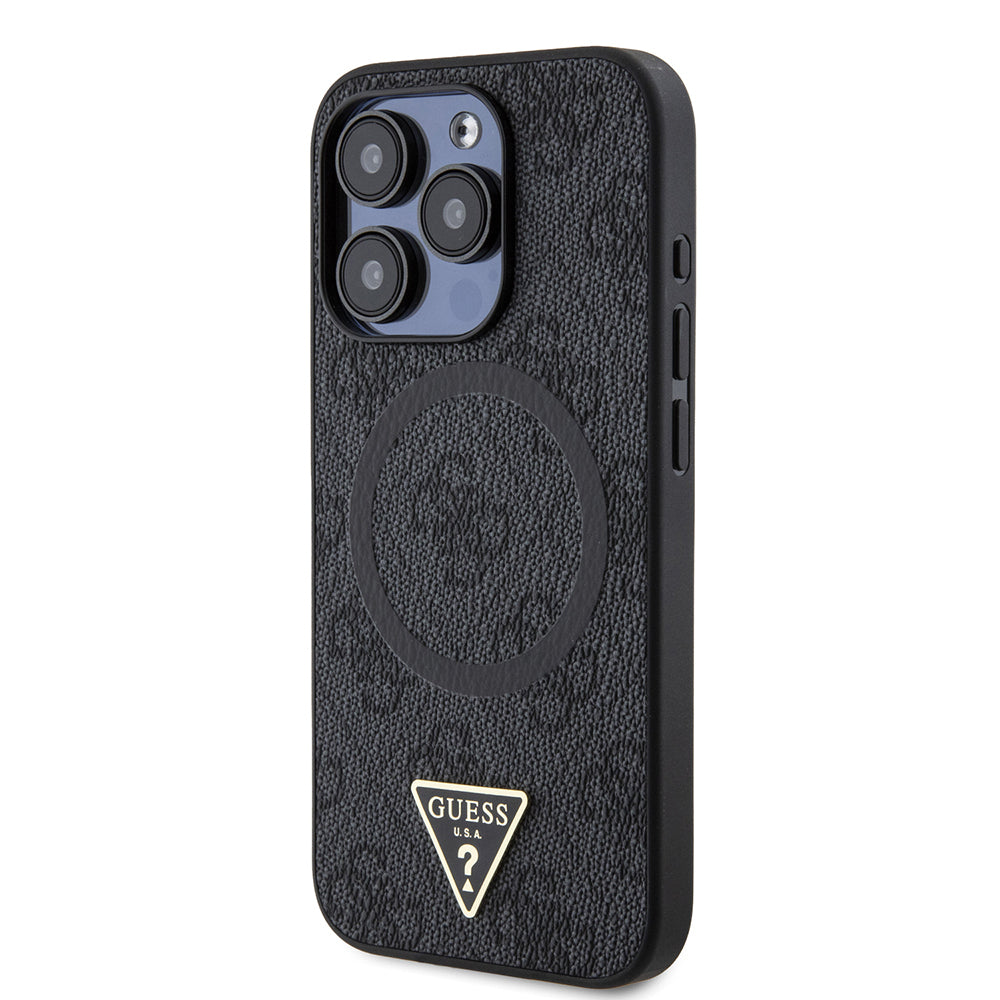 Apple iPhone 15 Pro Kılıf Guess Orjinal Lisanslı M-safe Şarj Özellikli PU Üçgen Logo 4G Desenli Kapak Pembe